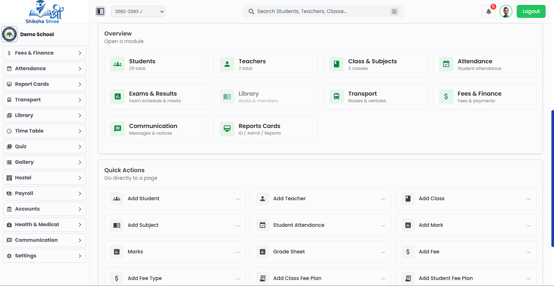 Shiksha Shree dashboard – overview modules and quick actions